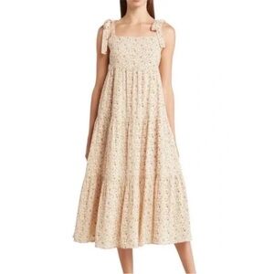 Madewell Lucie Tie Strap Tiered Midi Dress in Cream Floral Print